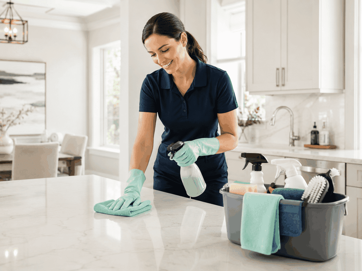Cleaner wiping kitchen surfaces during a detailed home deep clean