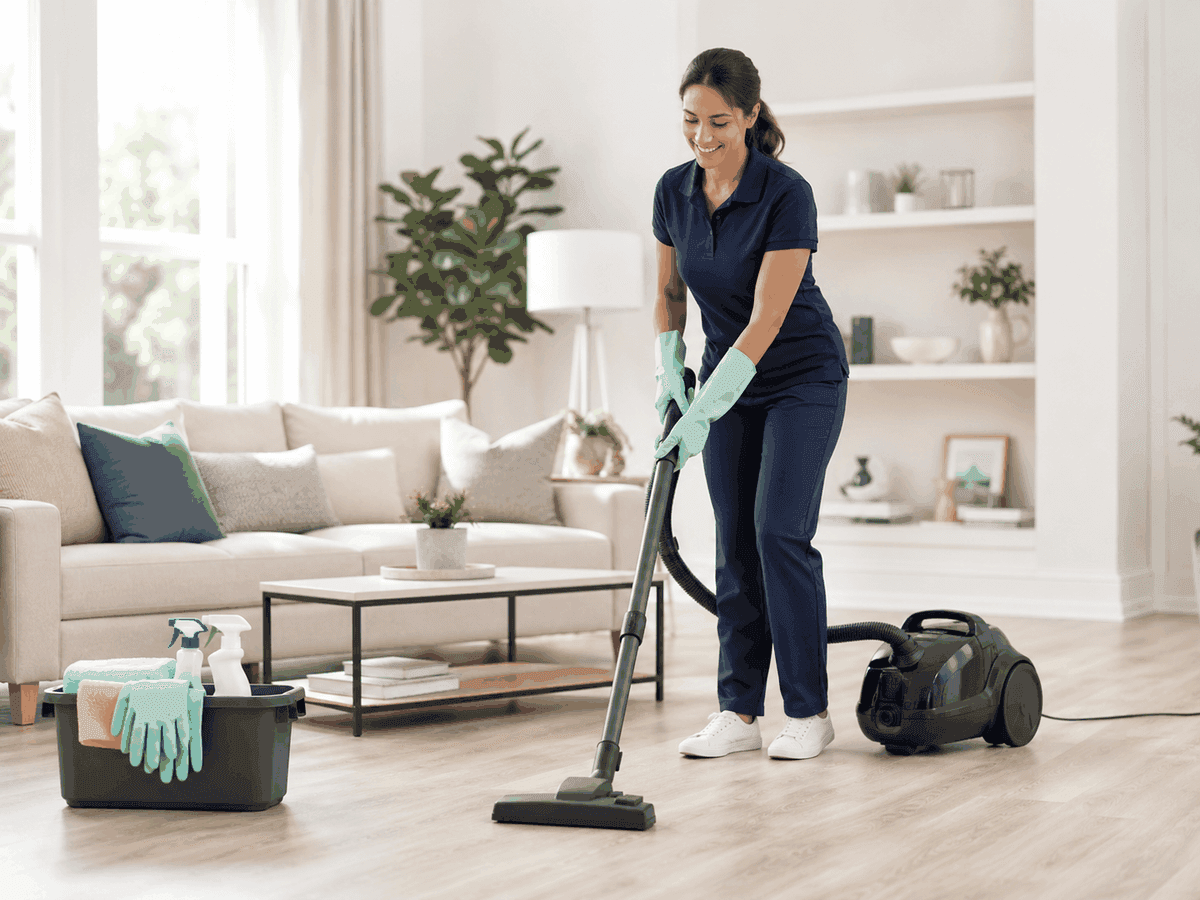 Cleaner preparing a bright property during an end-of-tenancy or move-out clean