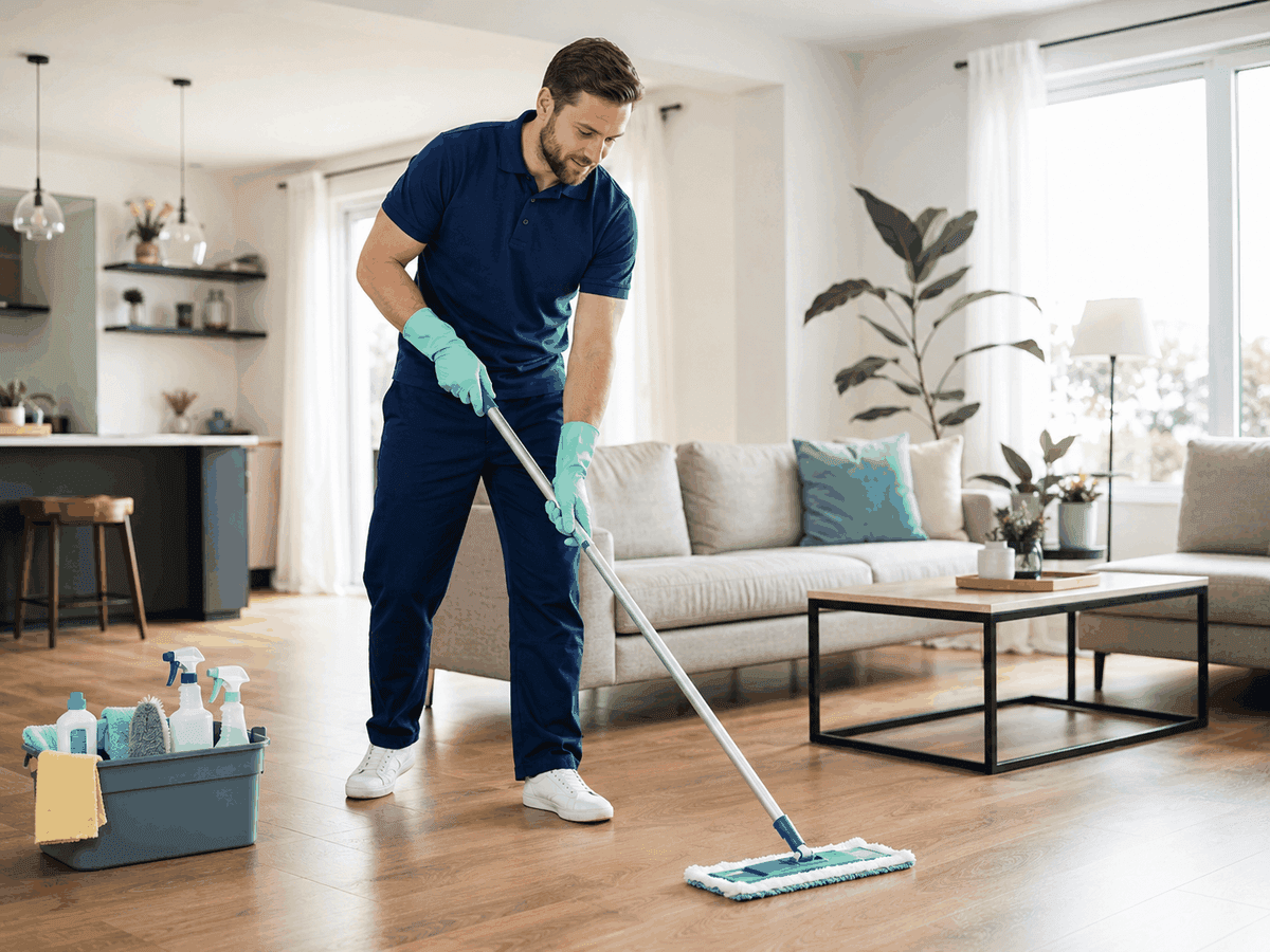 Cleaner mopping a bright living room during a regular home clean
