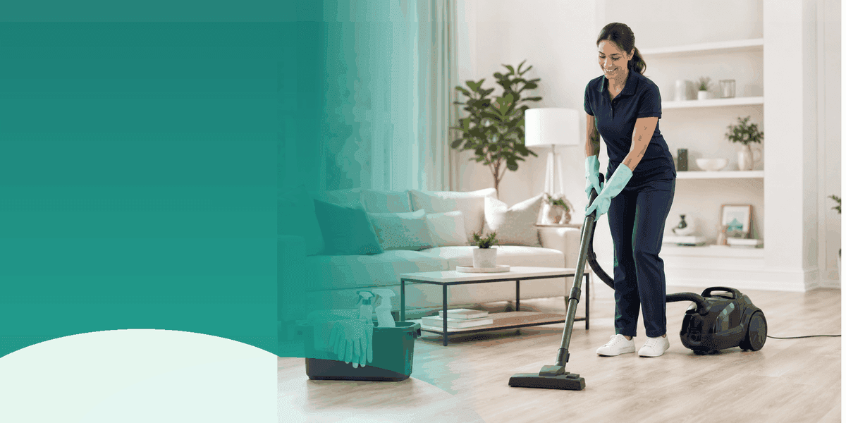 Professional cleaner vacuuming a modern living room with cleaning supplies visible